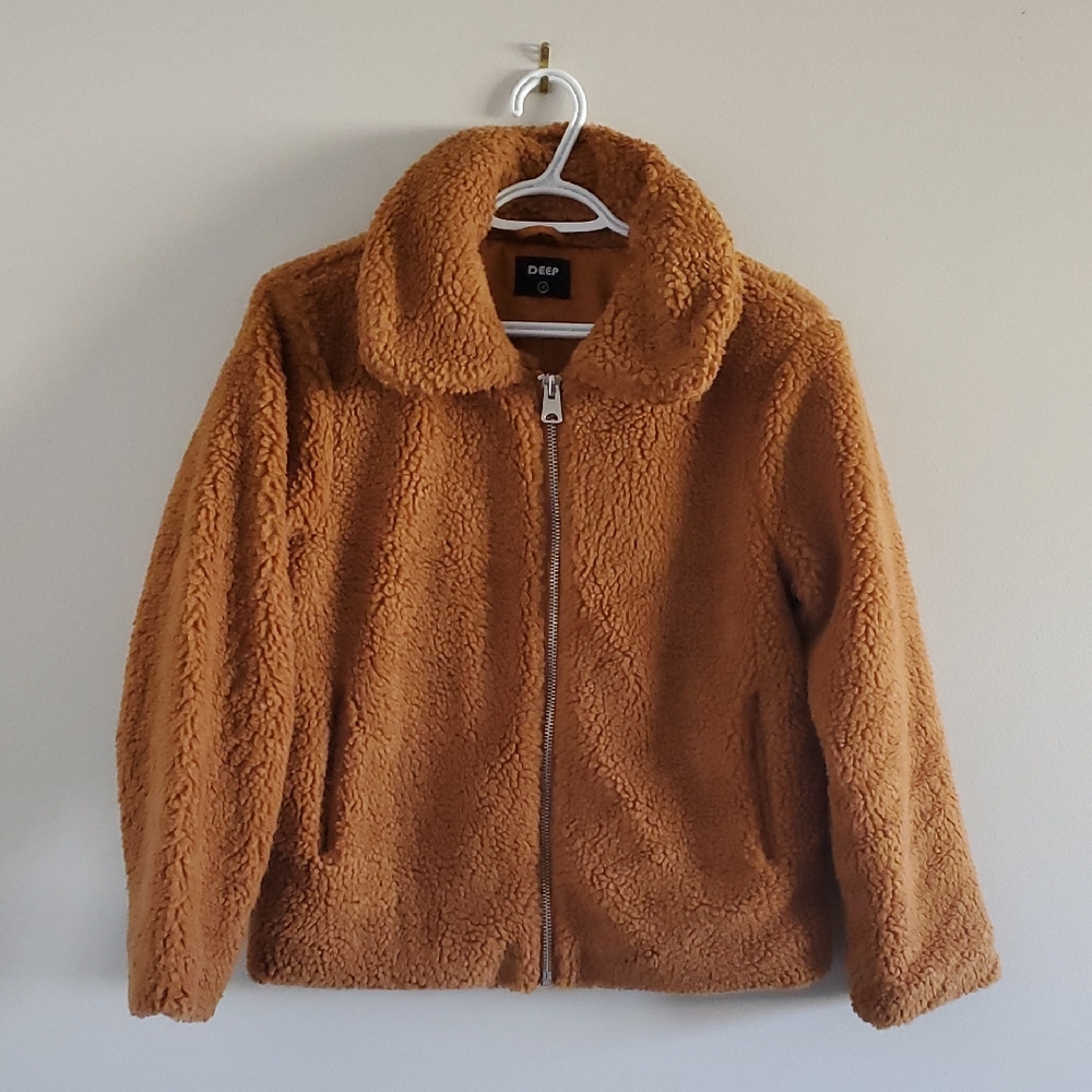 Deep Tan Brown Sherpa Teddy Jacket With Large Zipper Sz S Farm Cottagecore